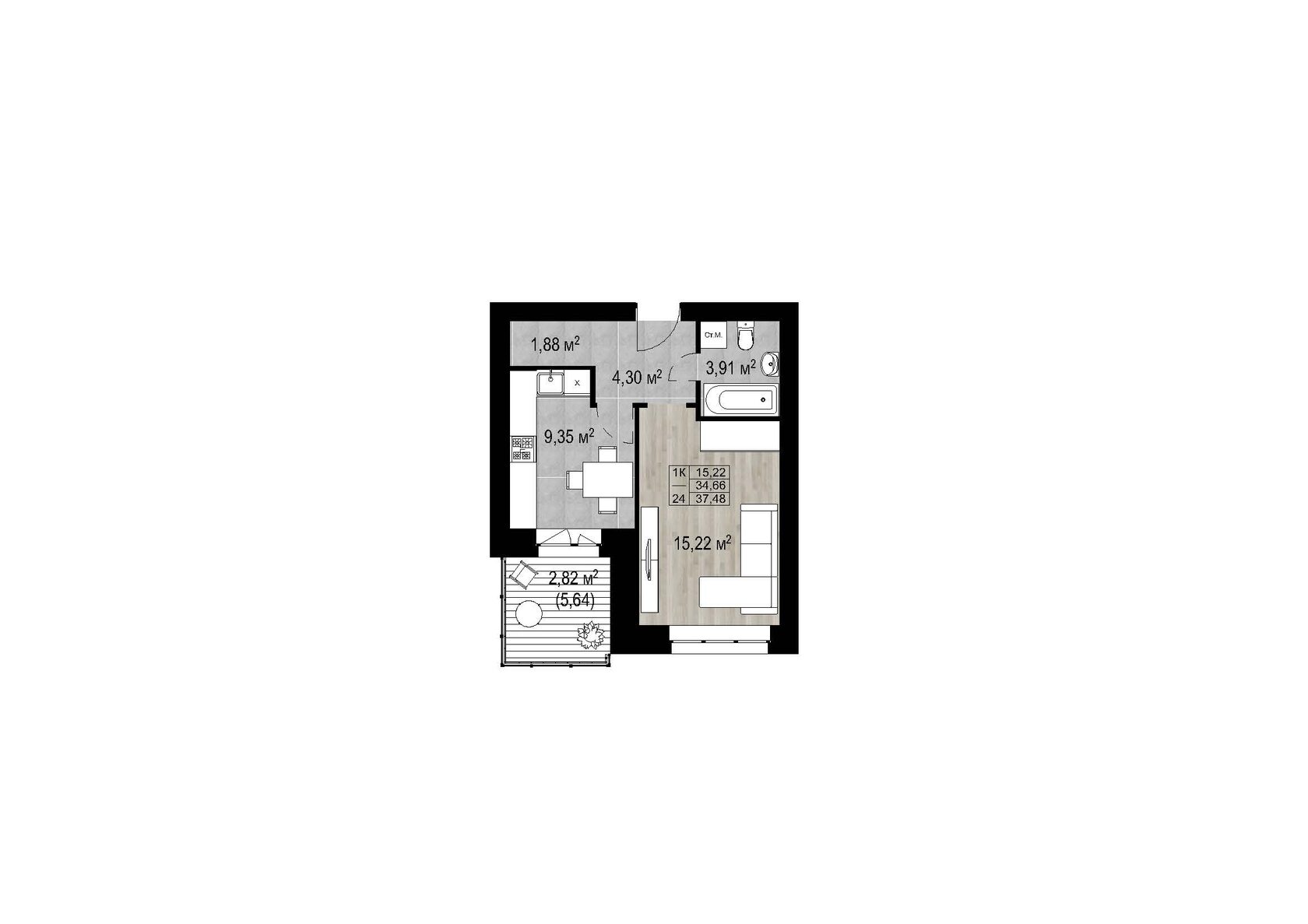 Планировка однокомнатной квартиры 37,48 м²